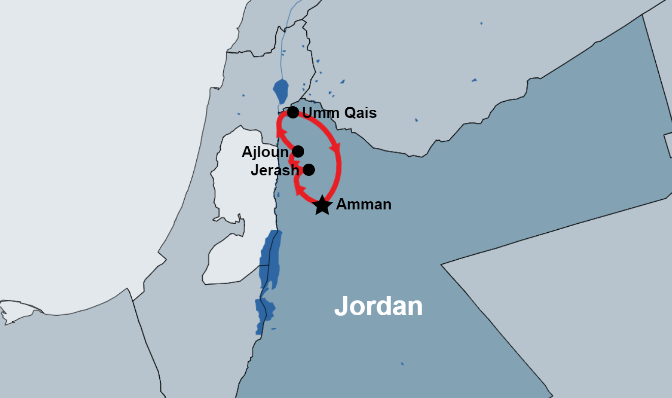 Day Tour to Jerash, Ajloun and Umm Qais from Amman map Day Tour to Jerash, Ajloun and Umm Qais from Amman map